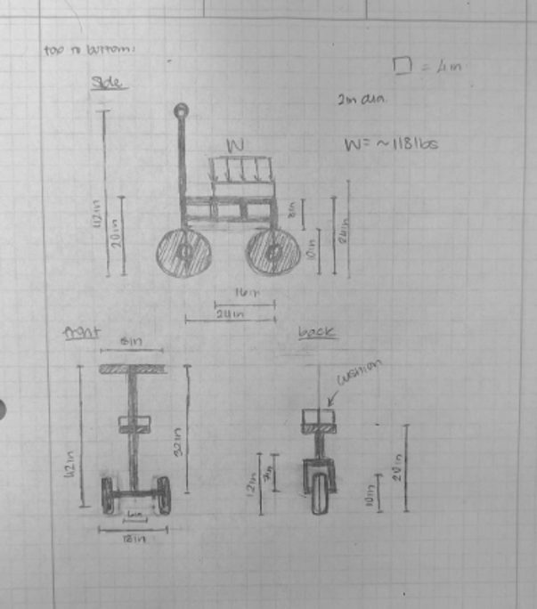 Dimensioned hand sketch of the selected knee scooter configuration
